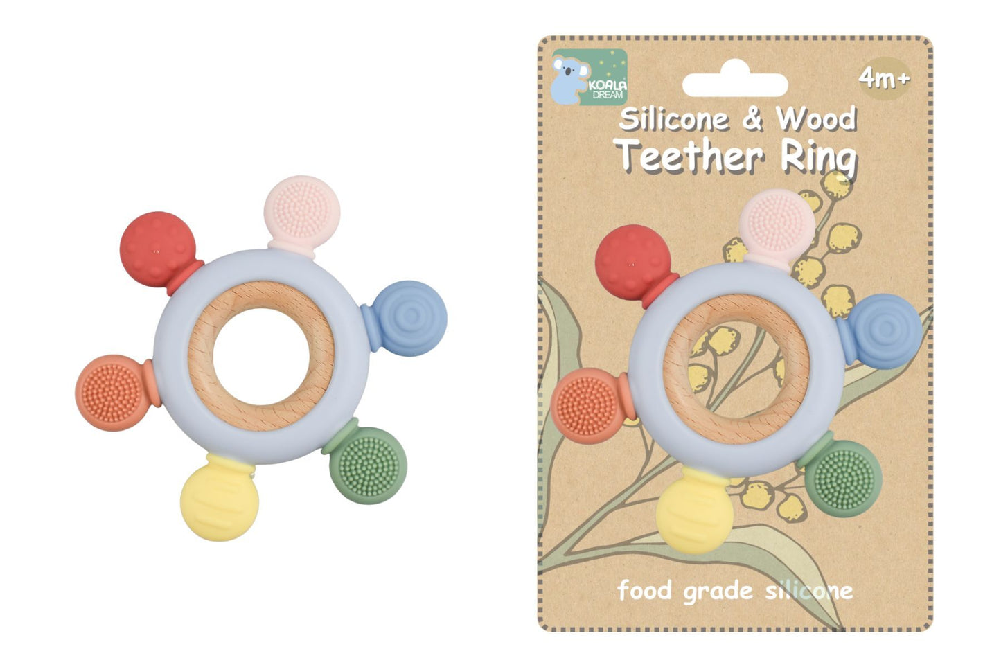 Silicone And Wooden Teether Ring Blue