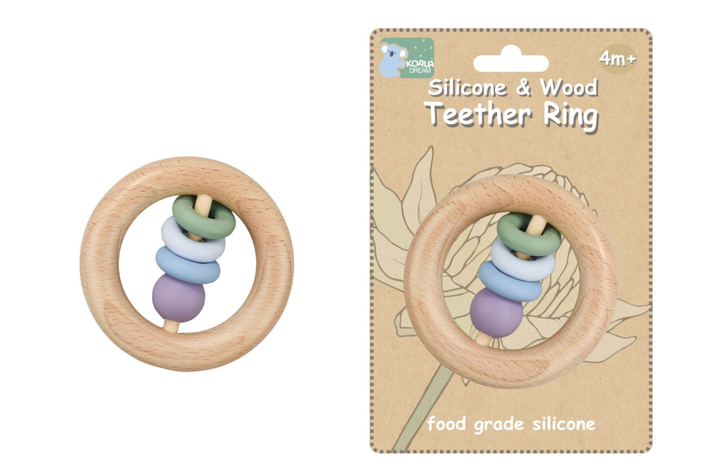 Silicone And Wooden Teether Ring Green