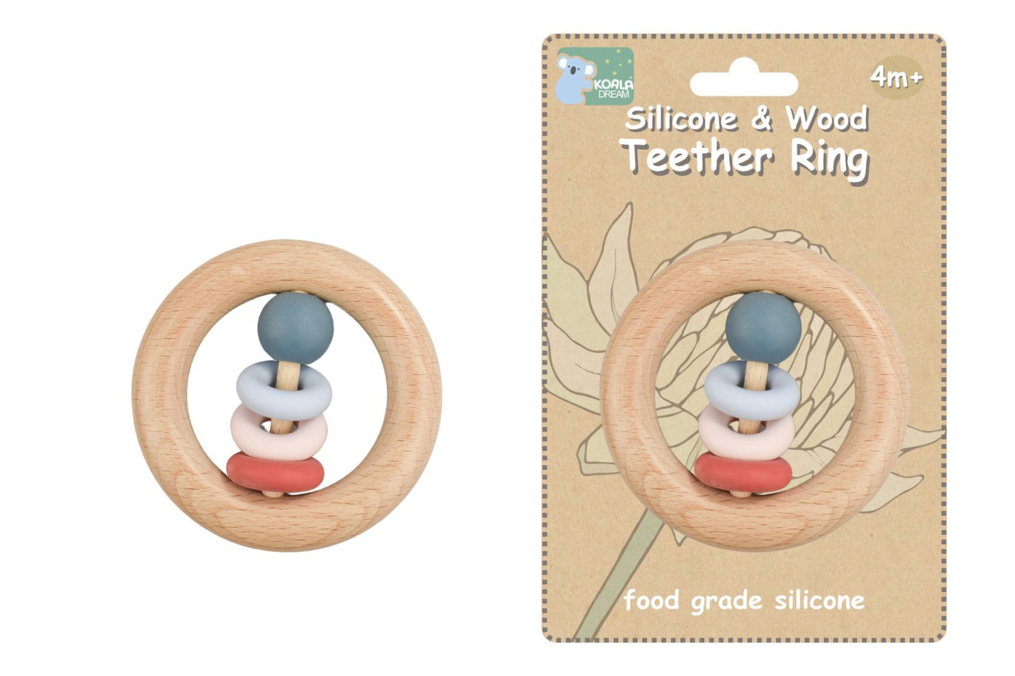 Silicone And Wooden Teether Ring Red