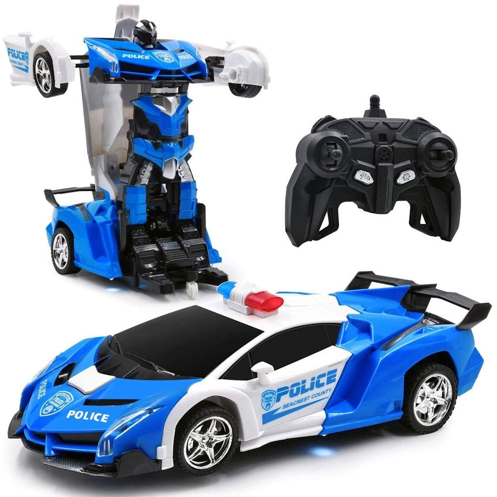 GOMINIMO Transform Car Robot Police Car with Remote Control (White Blue)