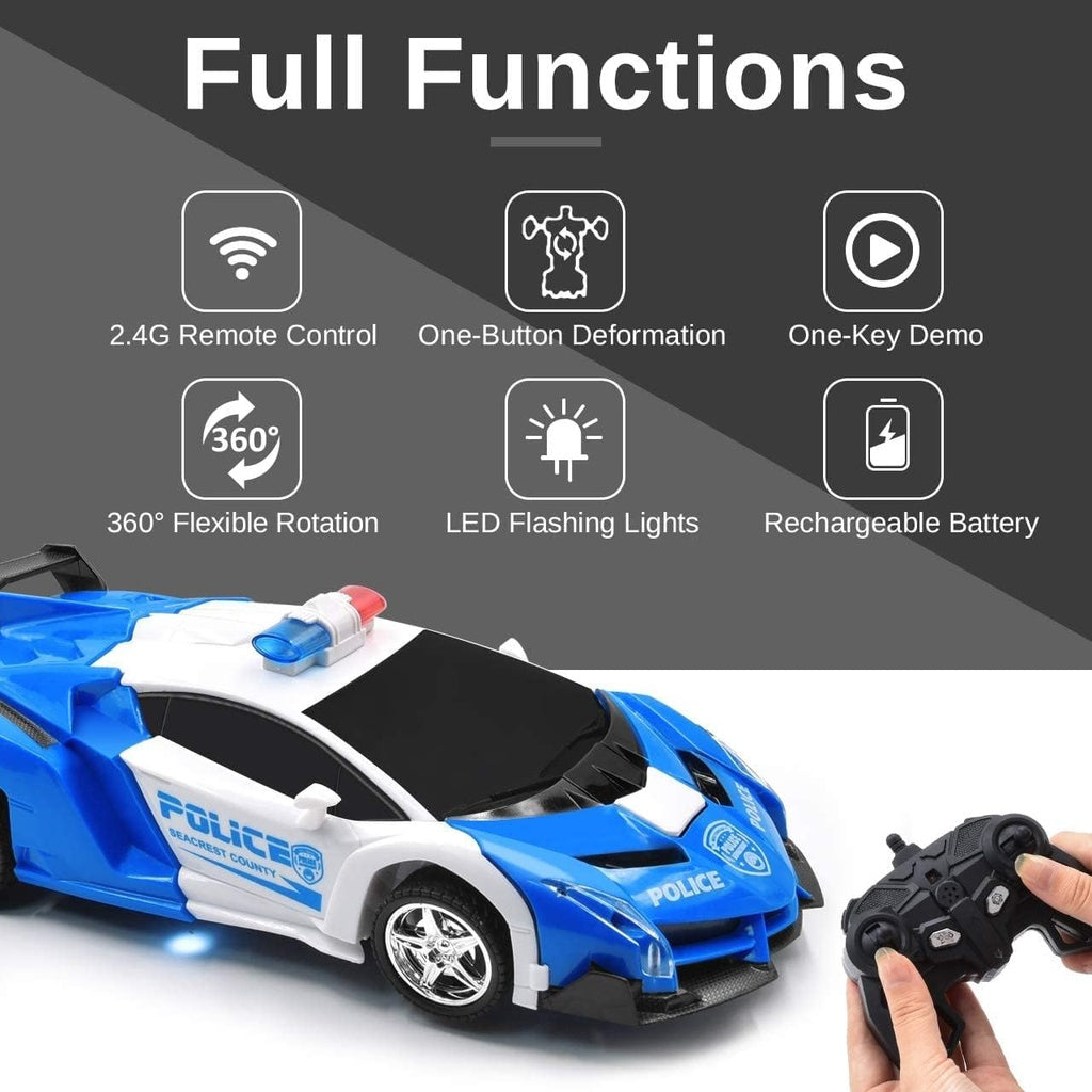 GOMINIMO Transform Car Robot Police Car with Remote Control (White Blue)