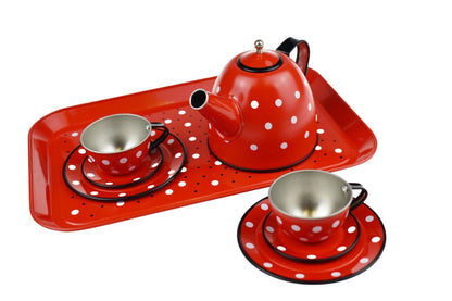 Red Polka Dot Black Trim Tin Tea Set 15Pcs