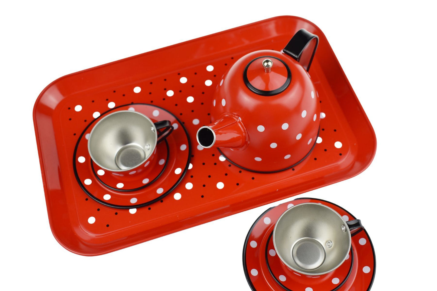 Red Polka Dot Black Trim Tin Tea Set 15Pcs