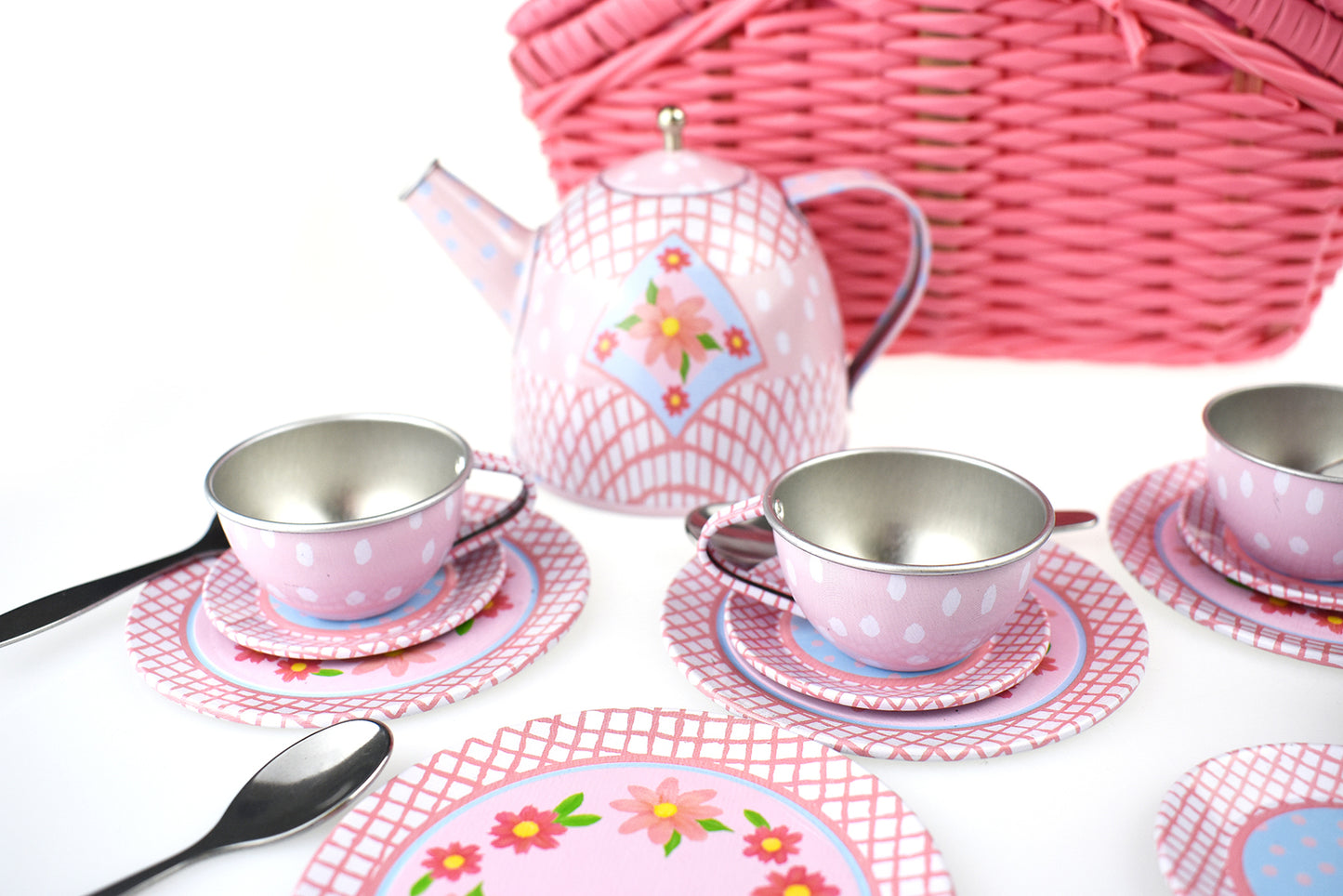 Floral Tin Tea Set In Picnic Basket 18Pcs