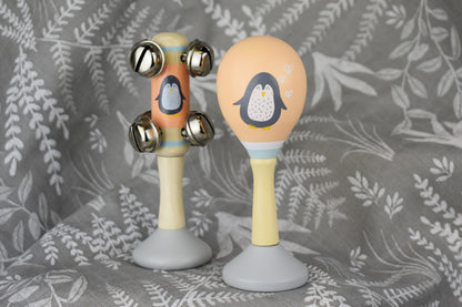 Calm & Breezy Penguin Wooden Maraca & Bell Stick 2Pc Music Set