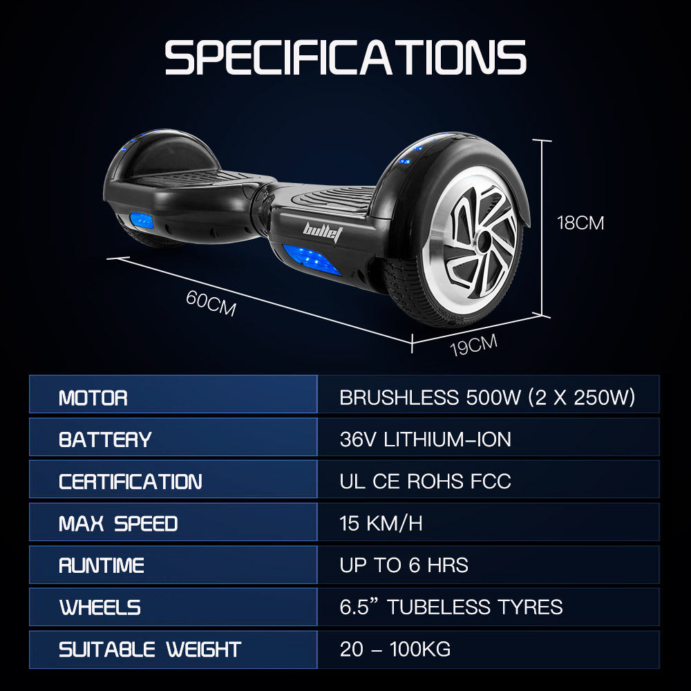 BULLET Gen III Hoverboard Scooter 6.5" Wheels, Colour LED Lighting, Carry Bag, Black