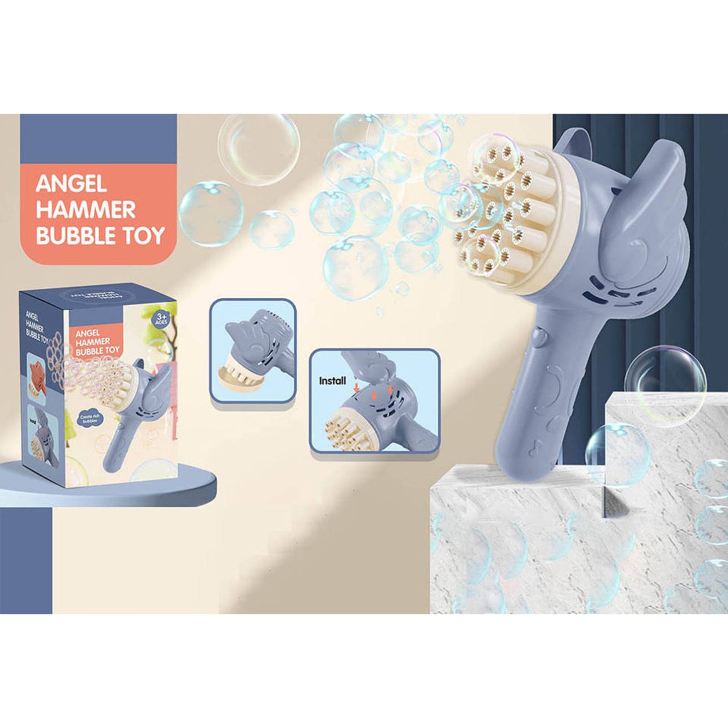 Bubblerainbow 23-Hole Angel Bubble Hammer Gatling Bubble Machine Children's Electric Toy Blue