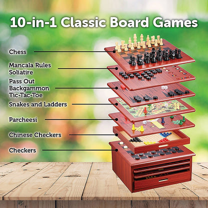 10 in 1 Wooden Chess Board Games Slide Out Checkers House Unit Set